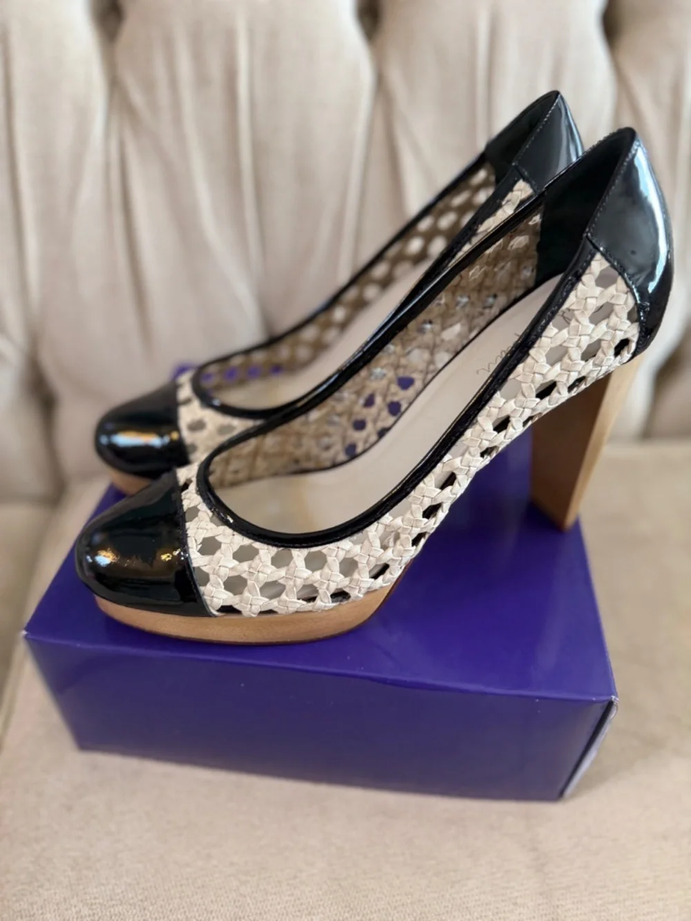 Cole Haan black patent leather woven platform heels